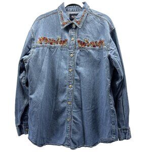 Vintage Solutions Original Denim Shirt Large Blue Embroidered Leaves Button Up‎